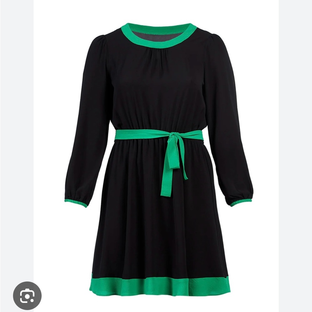 Contrast Trim Black and Green Dress - Long Sleeves - Tied Waist - 3X